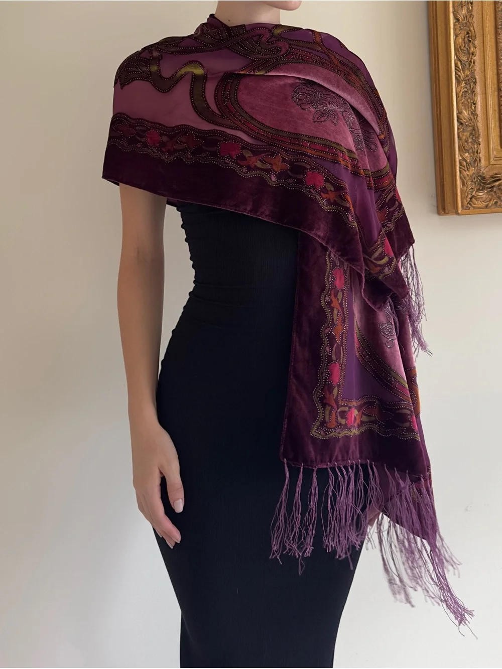 Plum Velvet burnout Embroidered Fringe Shawl - Unbranded